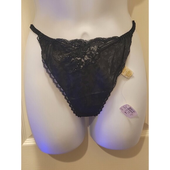 Vtg M/L Victorias Secret Satin T Back / Thong Panties String Beaded BLACK NWT - Picture 7 of 10